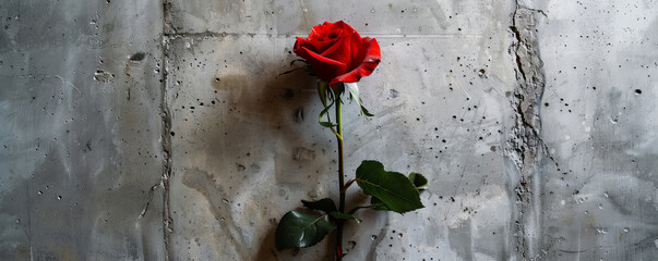 A single rose with a concrete backdrop and an empty wall. The vivid red petals stand out against the neutral gray background, creating a striking flat lay image.