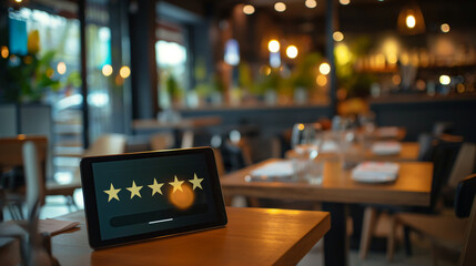 Restaurant with five stars rating on tablet screen on table, customers feedback, booking application concept