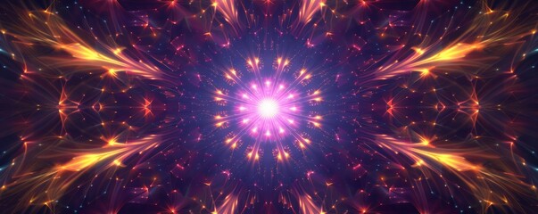 Abstract kaleidoscopic pattern with glowing orange and purple light, symmetrical fractal design. Radiant light and digital art concept.