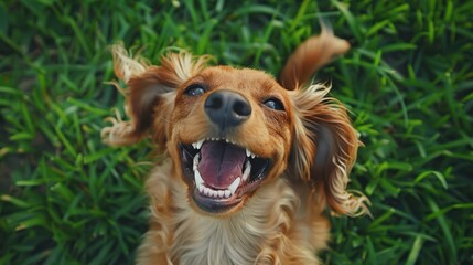 Obraz premium dog playing outside green grass smiles
