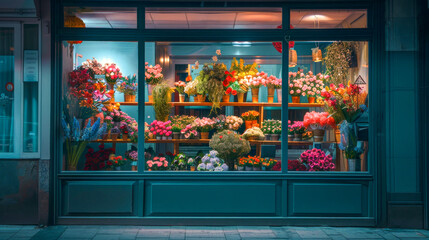 glass showcase of a flower shop, view from the street