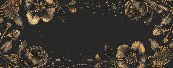 Vintage floral frame intricately hand-drawn on a black background with gold dust accents, ideal for adding a touch of elegance to various designs.
