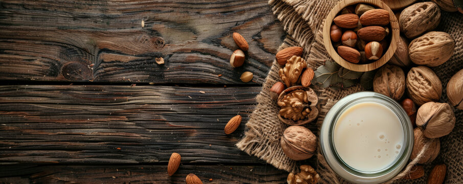 A wooden background with a jar of nut milk and assorted nuts. The natural wood grain enhances the creamy, wholesome appearance of the milk, ideal for promoting a healthy lifestyle.