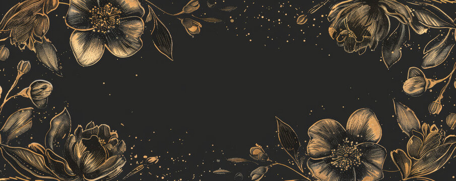 Vintage floral frame intricately hand-drawn on a black background with gold dust accents, ideal for adding a touch of elegance to various designs.