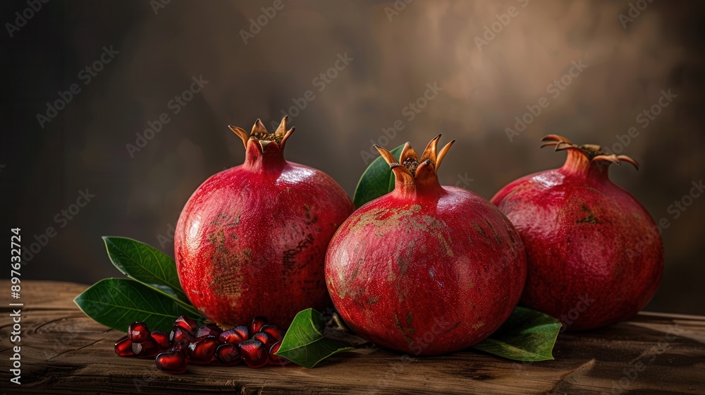 Poster three whole pomegranates with seeds and green leaves sit on a rustic wooden surface. generative ai
