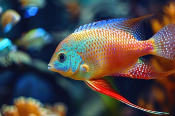 Obraz premium Vibrant aquatic pets glide gracefully in the tank nearby, showcasing their beauty, fish, near