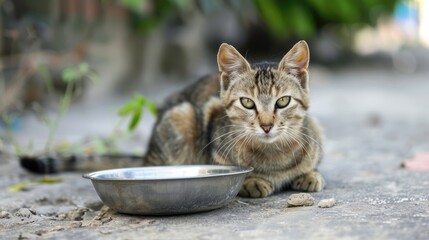 Tabby cat eagerly waiting for food beside an empty bowl
