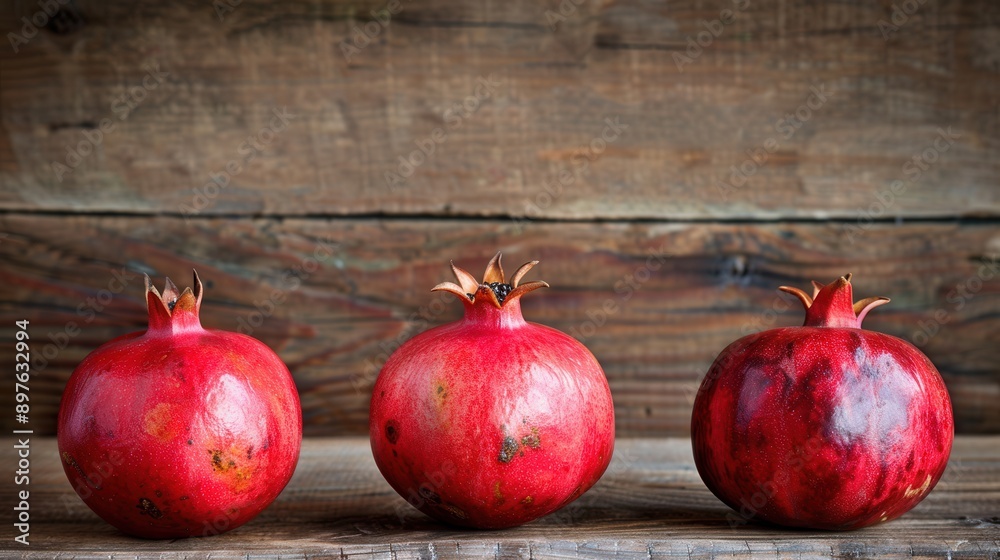 Poster Three ripe pomegranates with visible seeds are arranged in a row on a rustic wooden background. Generative AI