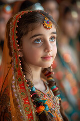 Charming Portrait of a Young Girl in Traditional Indian Attire with Colorful Embellishments and Vibrant Orange Dupatta