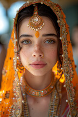Elegant Portrait of a Young Woman in Traditional Indian Bridal Attire with Intricate Jewelry and Vibrant Orange Dupatta