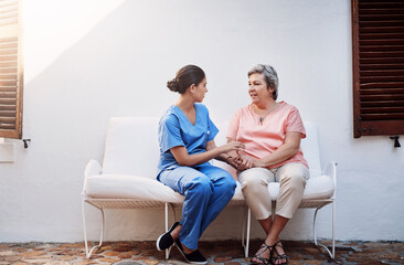 Holding hands, caregiver and senior woman outdoor for therapy, kindness and mental health. Chat,...