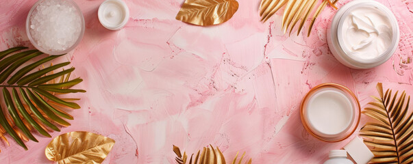 Top view of spa beauty products on a pink surface, highlighted by gold tropical leaves. The spacious layout is ideal for adding text or other design components.