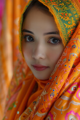 Beautiful Woman in Vibrant Traditional Headscarf with Intricate Patterns