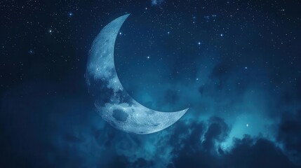 Obraz na płótnie Canvas ethereal crescent moon illuminating night sky stars twinkle in the background creating a magical and dreamlike atmosphere deep blue hues with silvery moonlight