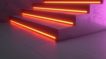 Neon lit concrete staircase in a room bathed in pink light