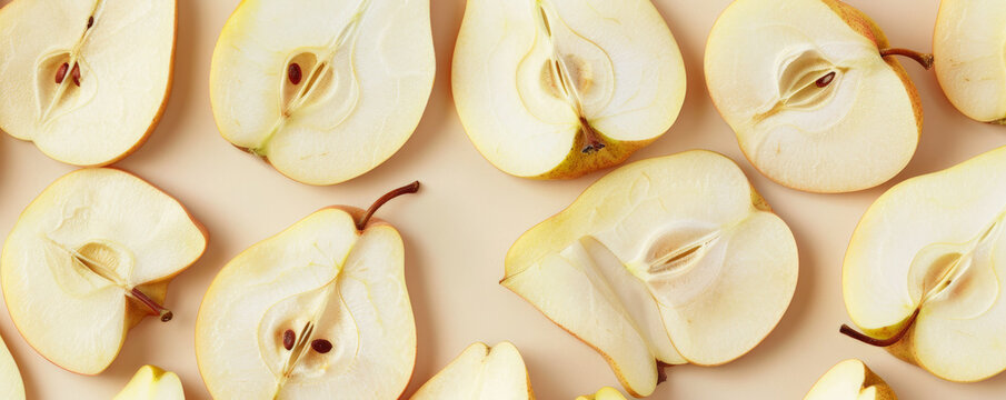Seamless pattern featuring pear slices for background, offering a subtle and elegant feel.