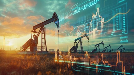 A field of oil pumpjacks silhouetted against a sunset sky with overlaid digital charts representing financial data. Generative AI