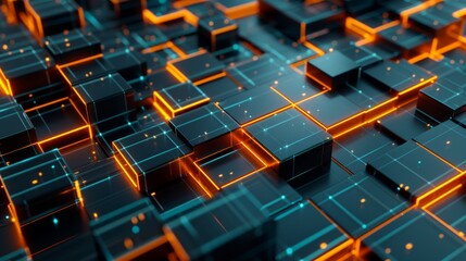 Obraz premium Abstract background with black cubes interconnected by glowing orange and blue lines