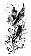 Obraz premium Intricate black and white phoenix illustration with swirling lines and feathers.