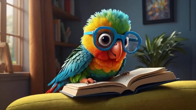 Cute parrot reading a book at home learning