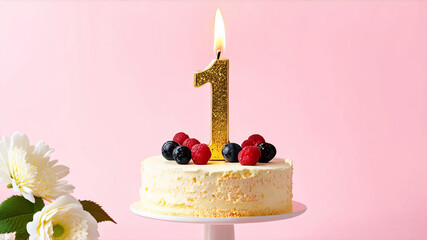 Birthday white cake decorate with golden number 1 candle and fresh berries on pink background. One year age first birthday party for baby girl