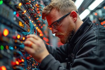 A technician focused on connecting wires in a server room, displaying various colored cables, illuminated lights, and equipment essential for maintaining network infrastructure.