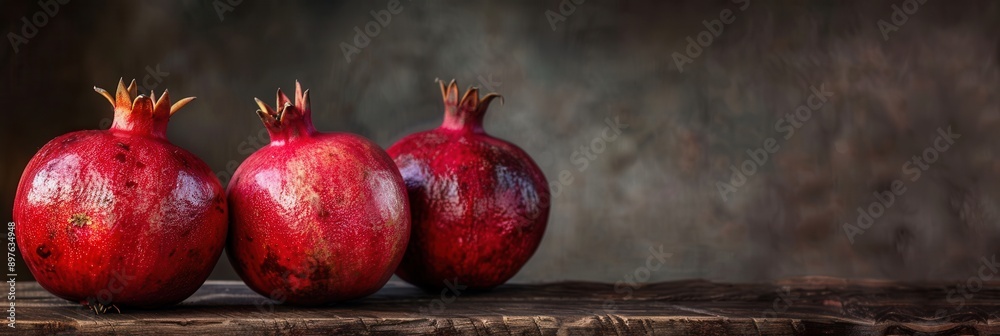Poster Three ripe pomegranates are arranged on a rustic wooden surface. Generative AI