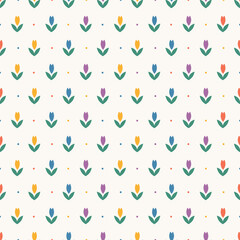 Floral seamless pattern with tulips flowers. Endless background in simple cartoon Scandinavian style pastel palette. Childish cute simple minimalistic backdrop for nursery, fabric, baby clothes
