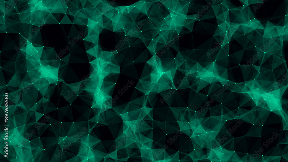 Poster green futuristic moving wave. digital background with moving glowing particles and lines. big data v