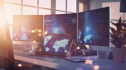 multi-screen computer setup combined with a tablet on a desk, geopolitical data analytics, bright daylight