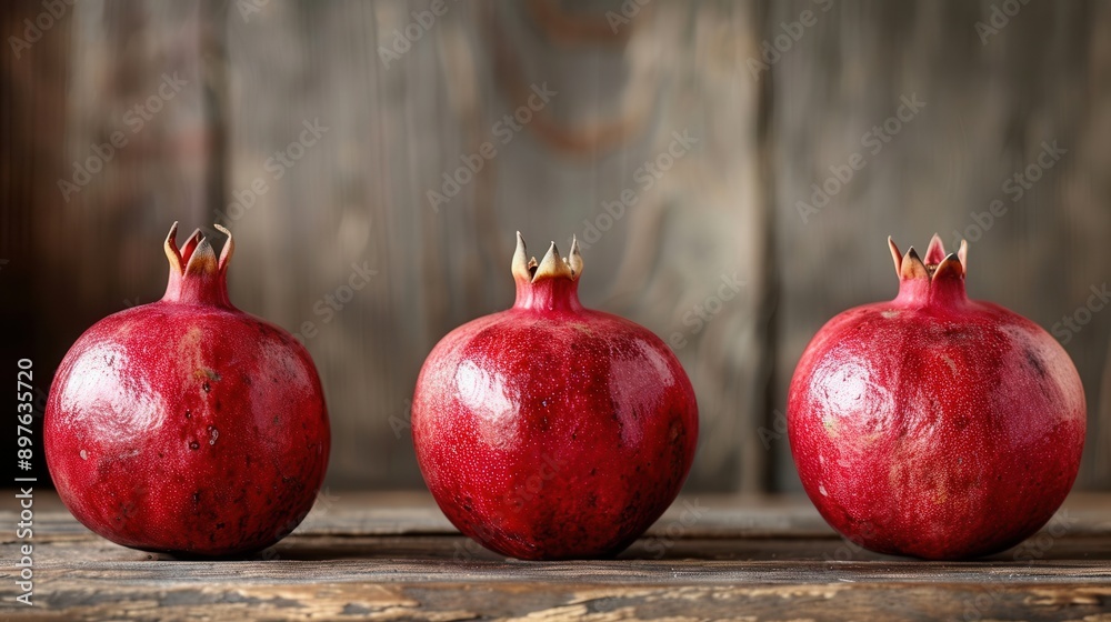 Poster three ripe pomegranates sit on a rustic wooden surface, showcasing their deep red color and juicy se