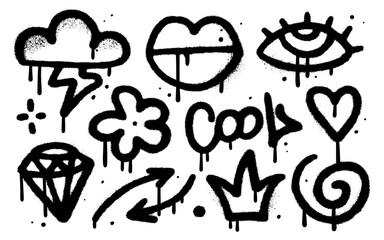 Set of black graffiti sprayed elements. Simple symbols, eye, crown, arrow, star, eye diamond, flower, lips with spray texture. Vector elements for banner, decoration, street art and ads.