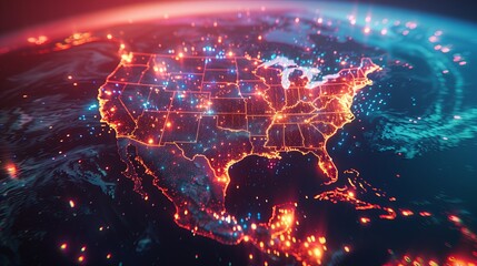 3D Rendering of America Map on Earth with Neon Glowing Lights