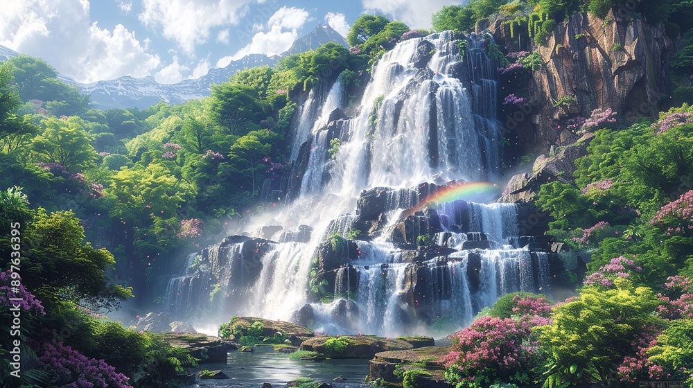 Poster A majestic waterfall cascading down a rugged cliff, surrounded by lush, verdant forest, with the mist creating a vibrant rainbow in the sunlit air and adding to the scenic beauty Watercolor style,