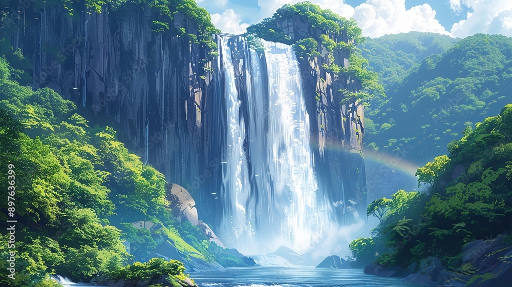 Poster A majestic waterfall cascading down a rugged cliff, surrounded by lush, verdant forest, with the mist creating a vibrant rainbow in the sunlit air and adding to the scenic beauty Watercolor style,