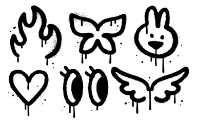 Graffiti drawing symbols set. Spray Painted graffiti of fire, butterfly, bunny, heart, eyes and wings. Sprayed paint elements. Street art style illustration. Vector.