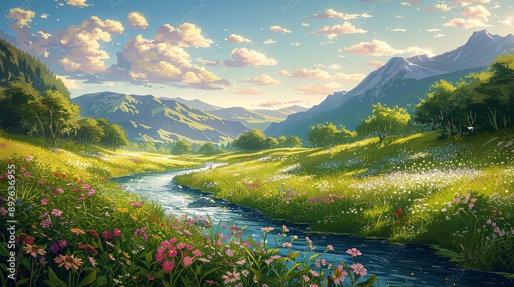 Canvas Prints A picturesque river winding its way through a lush, verdant valley, with vibrant wildflowers blooming along its banks and the landscape bathed in the warm, golden light of the sun Watercolor style,