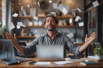 Fototapeta premium A relaxed man meditating at his desk in a creative office environment, with papers floating in the air around him, exuding calm and mindfulness amidst chaos.