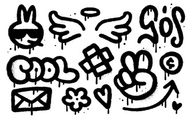 Set of graffiti spray paint elements set. Black brush paint ink drip texture collection of text, letter, bunny in eyeglasses, arrow. Vector Design illustration for card, sticker. banner, street art.