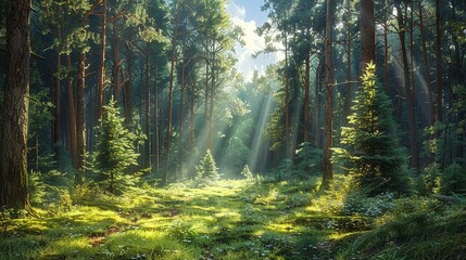 A sunlit forest glade, with rays of light streaming through the tall, majestic pine trees, illuminating the vibrant green undergrowth and creating a tranquil, serene atmosphere Watercolor style, high