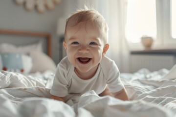 Fototapeta premium Happy Baby Crawling on Bed.