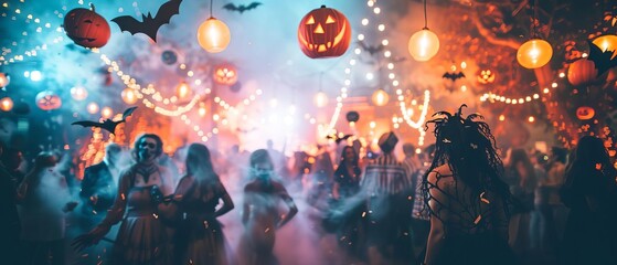 A lively Halloween party with guests in elaborate costumes dancing under string lights