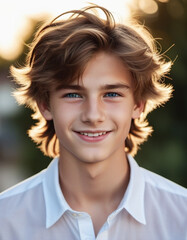 Fototapeta premium Portrait of young Caucasian teenage boy with brown tousled hair and blue eyes, white teeth, smiling warmly at the camera. He is wearing a crisp white shirt and is standing outdoors. AI generated