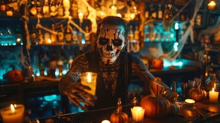 A spooky-themed bar area at a Halloween party