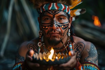 An indigenous person adorned in traditional attire with intricate body paint, holding a ceremonial bowl with a flame, set against a natural outdoor backdrop during twilight.