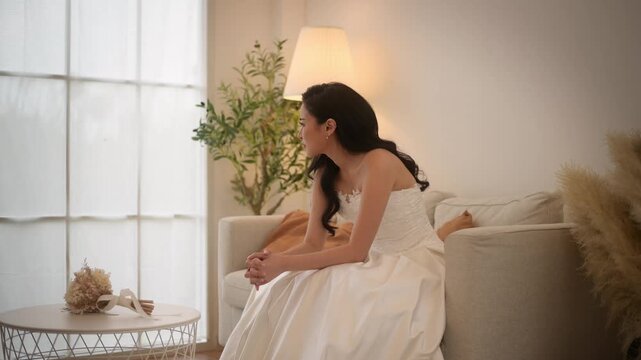 Sad and worried bride crying and arguing with groom in wedding day