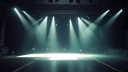 Mysterious and atmospheric scene with dark empty space. lighting with spotlights creating a dramatic play of light and shadows. smoke or fog,	
