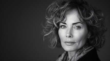 A woman with curly hair looks at the camera