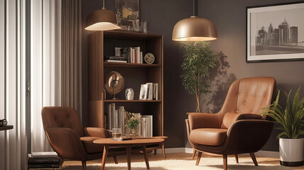 Obraz premium Modern retro home decor with stylish living room with armchair, wooden bookcase, 