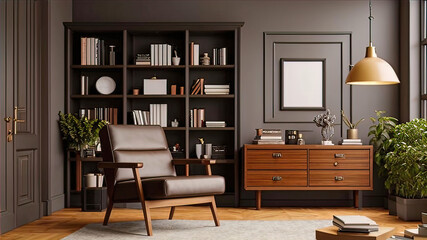 Modern retro home decor with stylish living room with armchair, wooden bookcase,	
